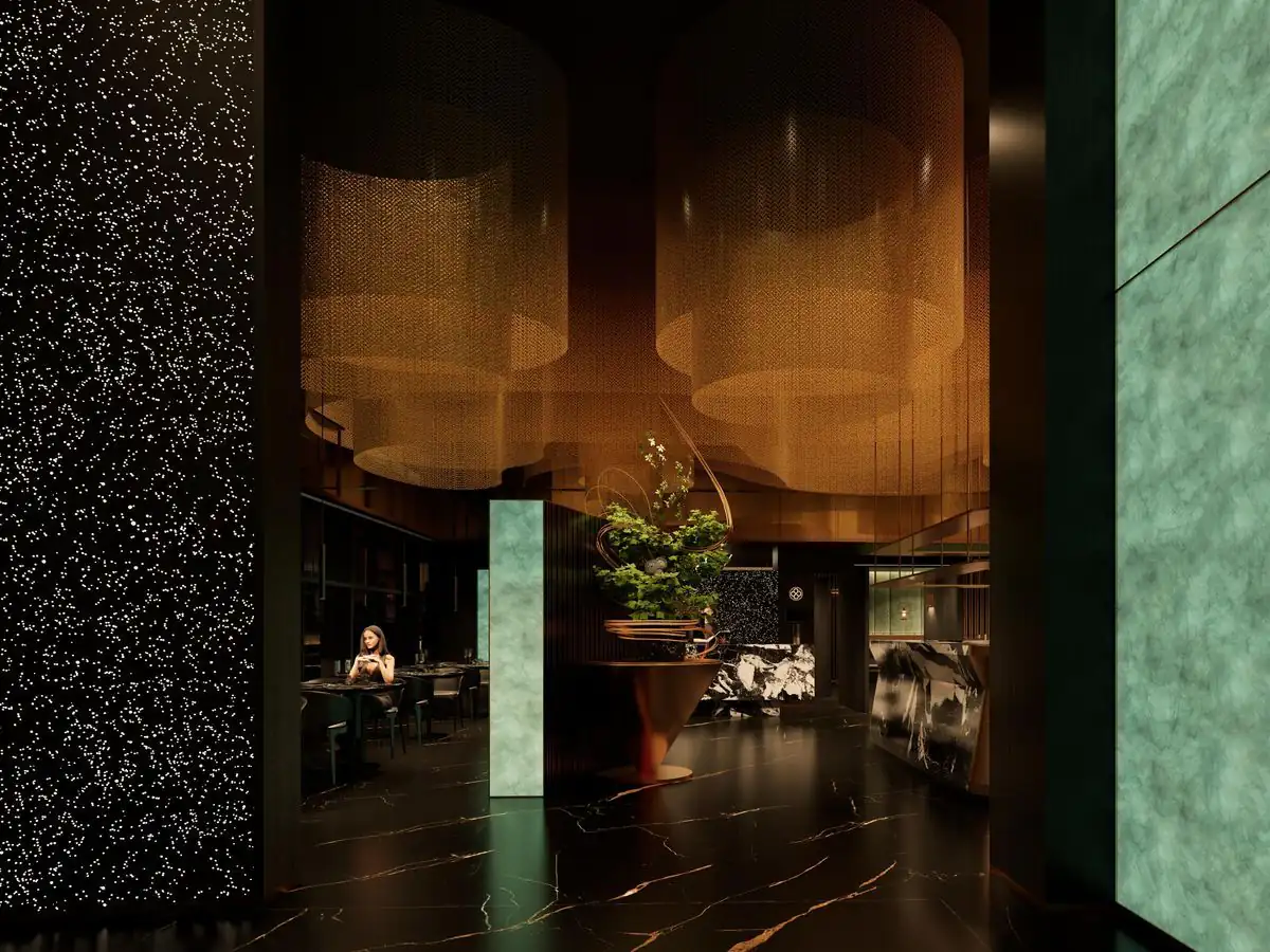 L’entrée de la salle : mur piqué d’étoiles, voiles de mailles dorées, composition végétale et colonne d’onyx (visuel d’architecte)