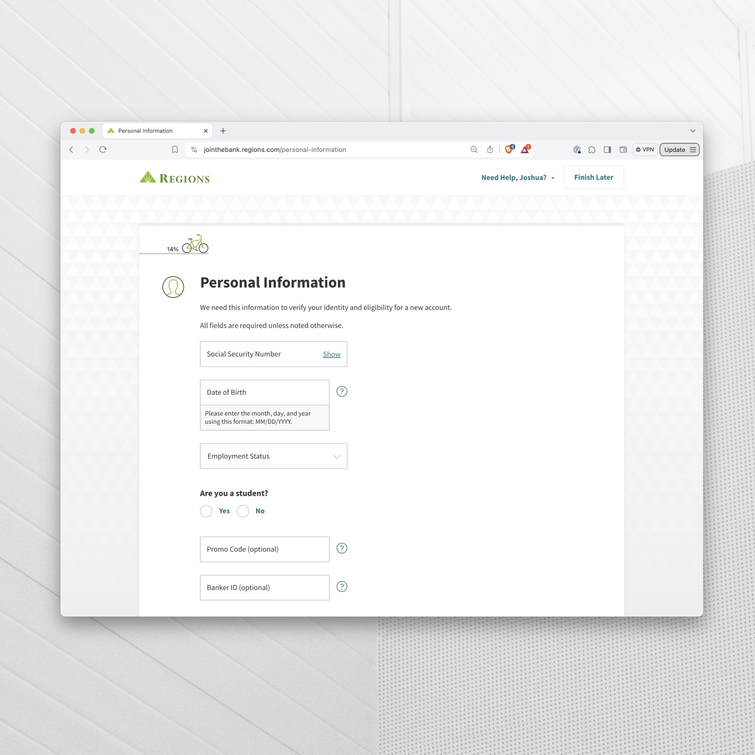 Regions Desktop Account Origination Screenshot - Personal Information