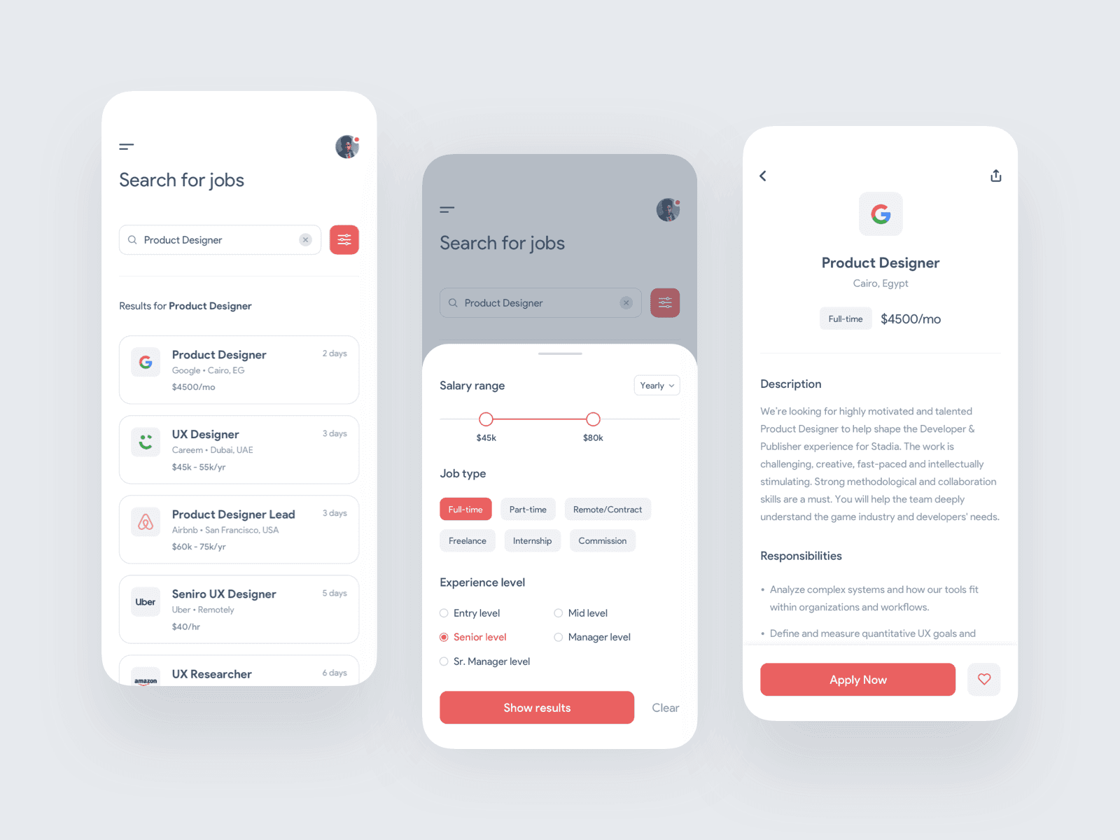 3 mobile screens for a job portanl app