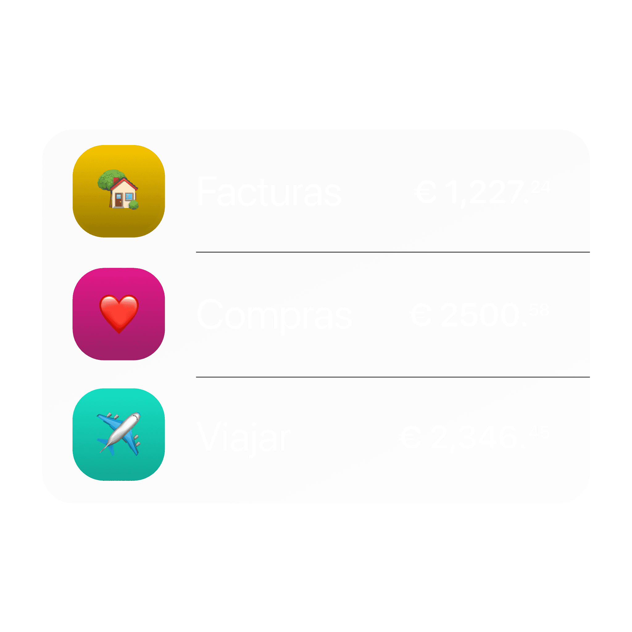 Lista de cuentas para ahorros, compartidas y viajes con saldos en euros en tarjetas de colores.