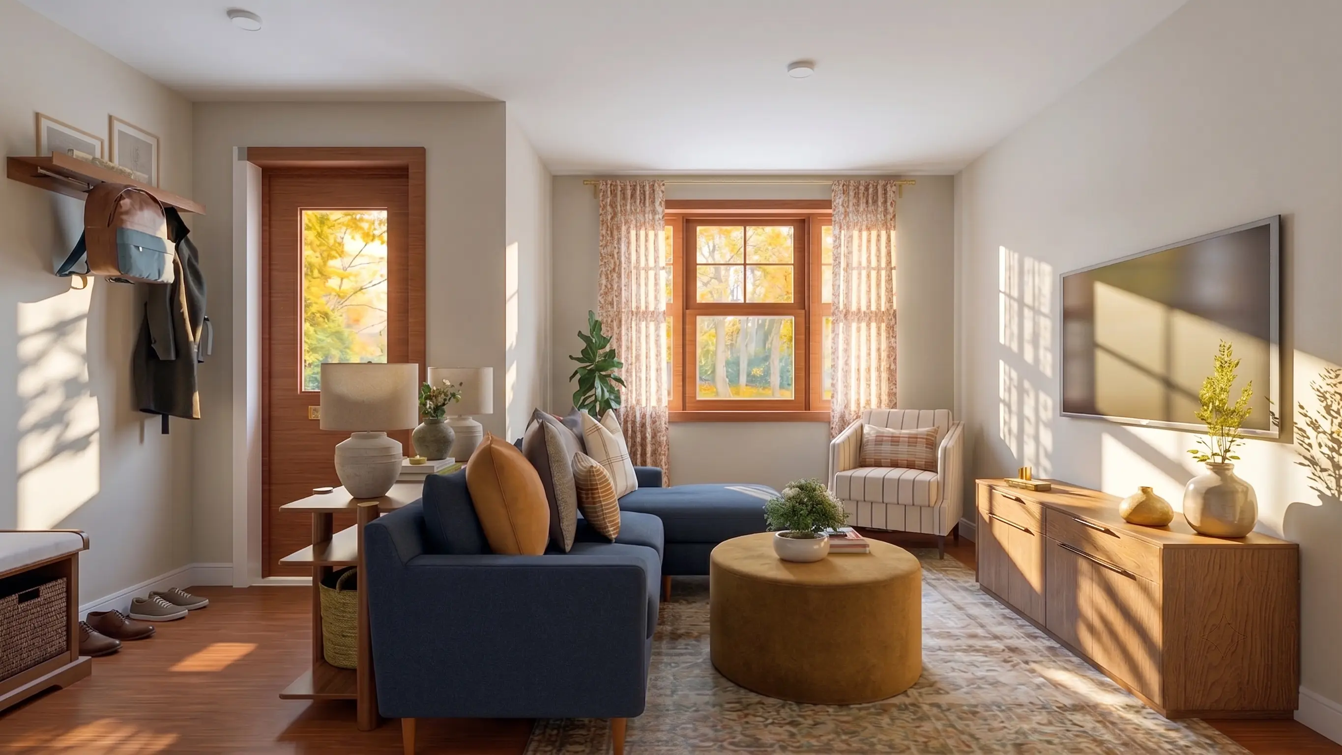 Living room with a navy sofa and TV, with a front door and entryway coat rack to the left.