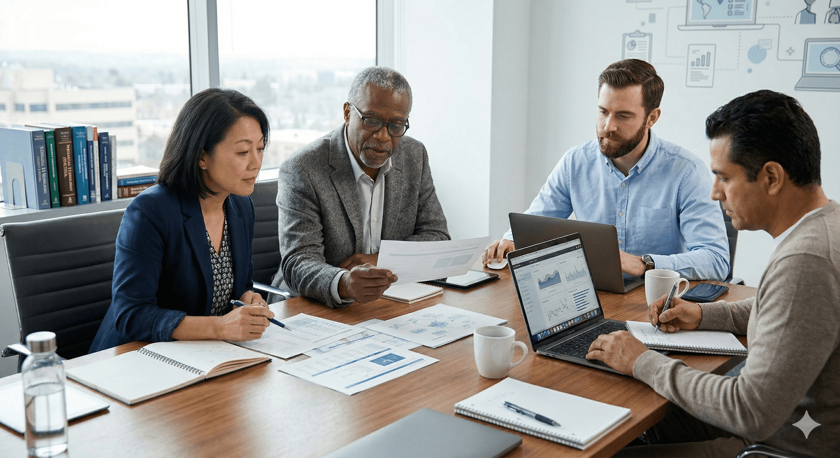 A group of diverse professionals are seated around a conference table, engaged in a meeting with documents, laptops, and coffee mugs, discussing strategies as part of a health advisory board.