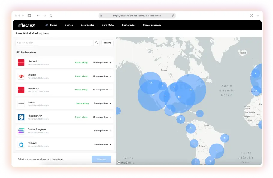 Inflect Platform BareMetal Marketplace Map