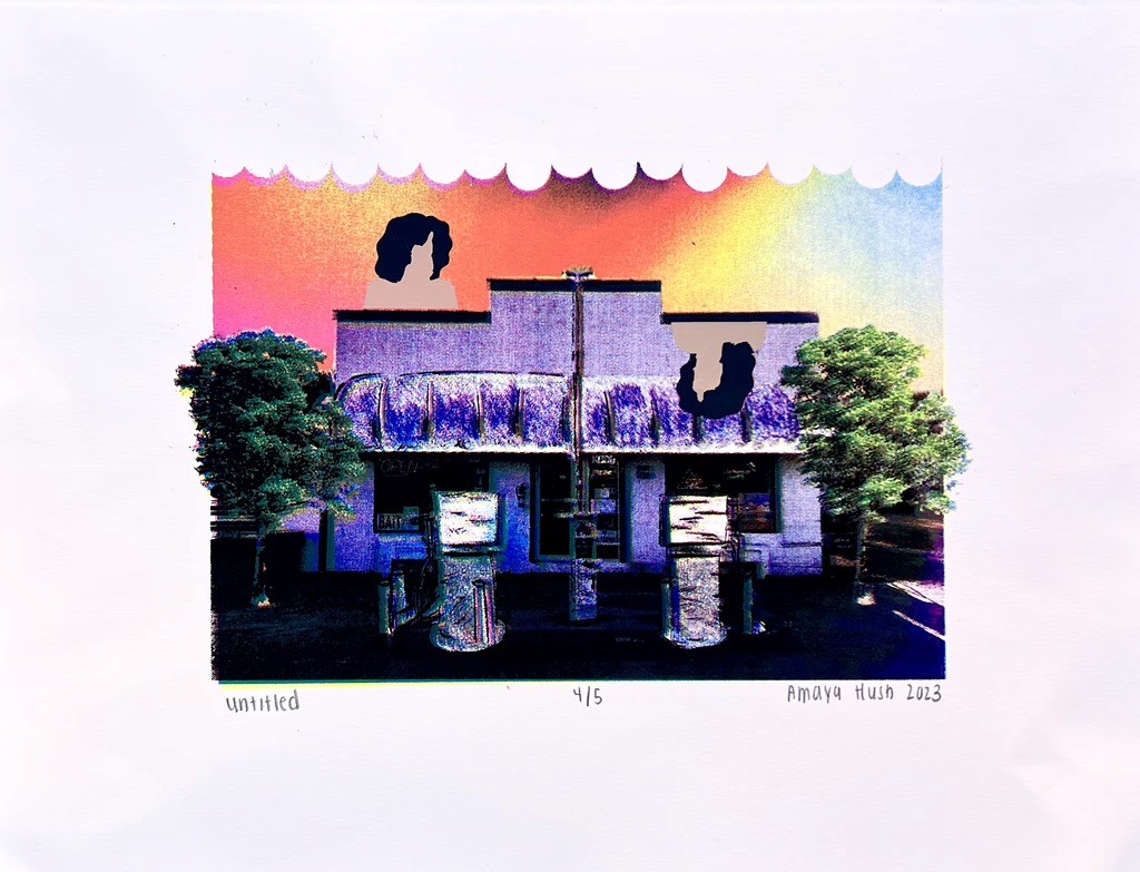 Modern minimalist desk setup with a computer monitor, microphone arm, camera, and indoor plants, featuring a pegboard with accessories on the wall and a Bauhaus-style poster leaning against the wall.