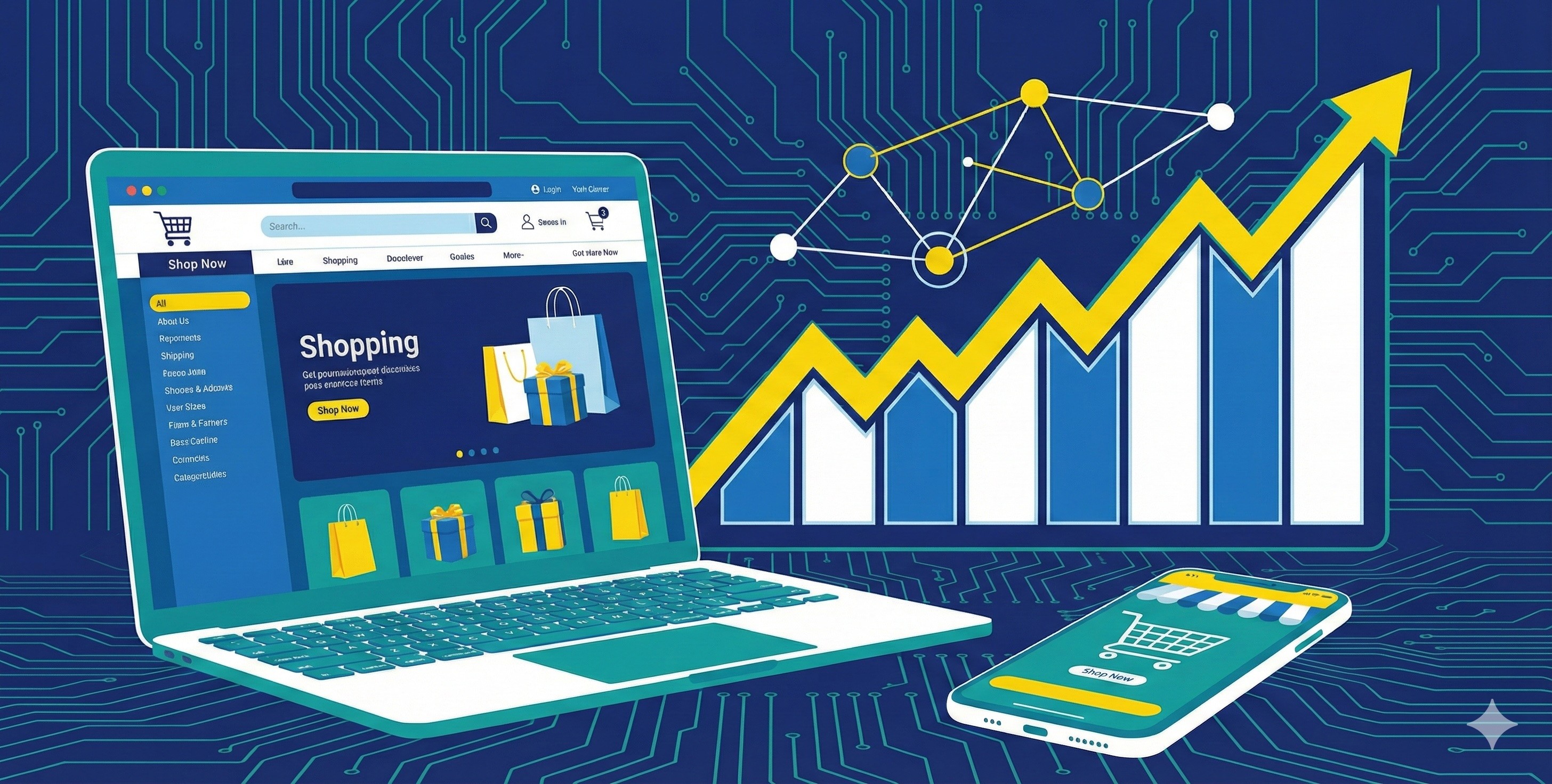 Digital illustration of a laptop and smartphone showing online shopping interfaces next to a rising bar graph on a dark blue circuit board background.