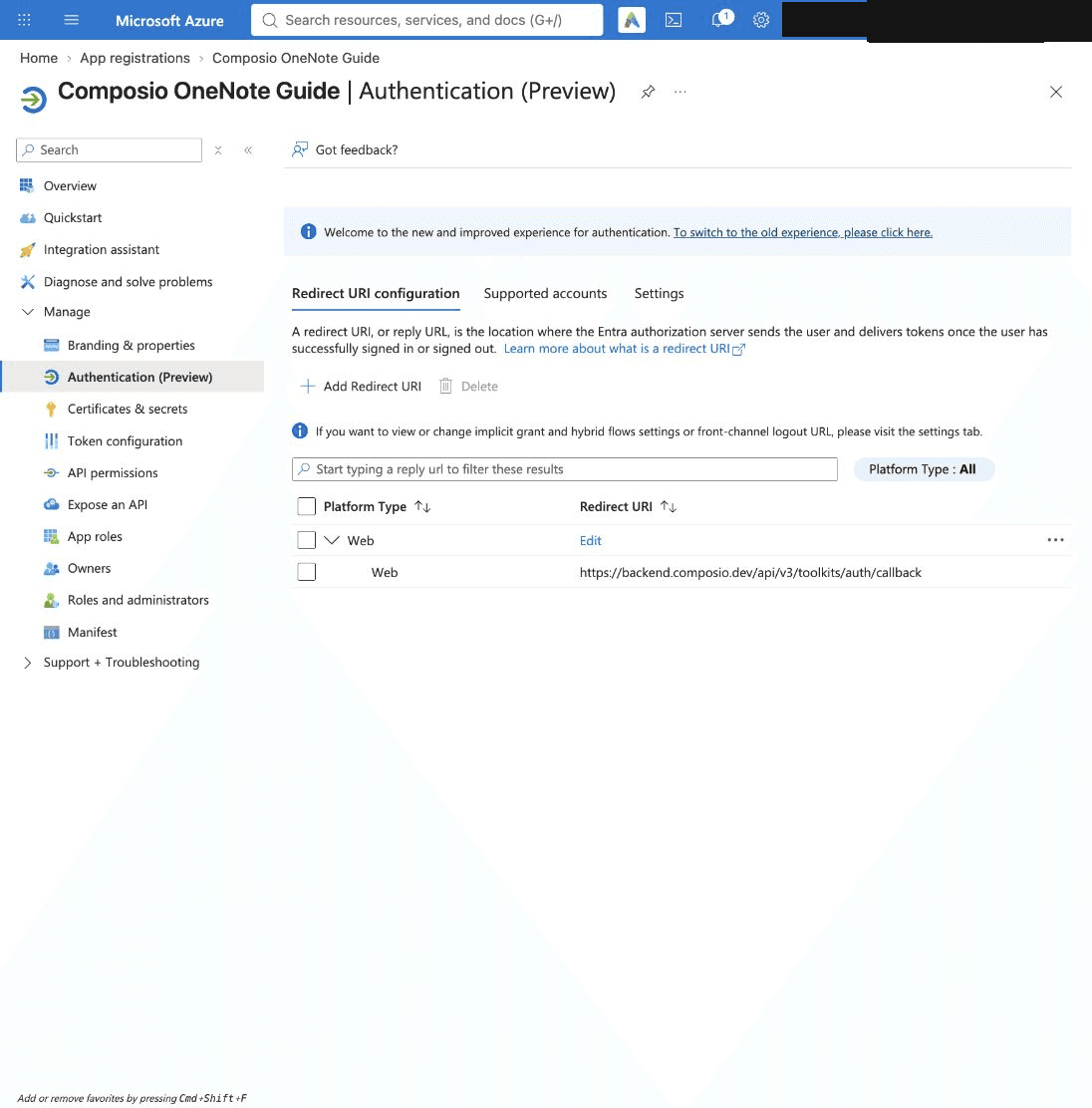 Web redirect URI configuration