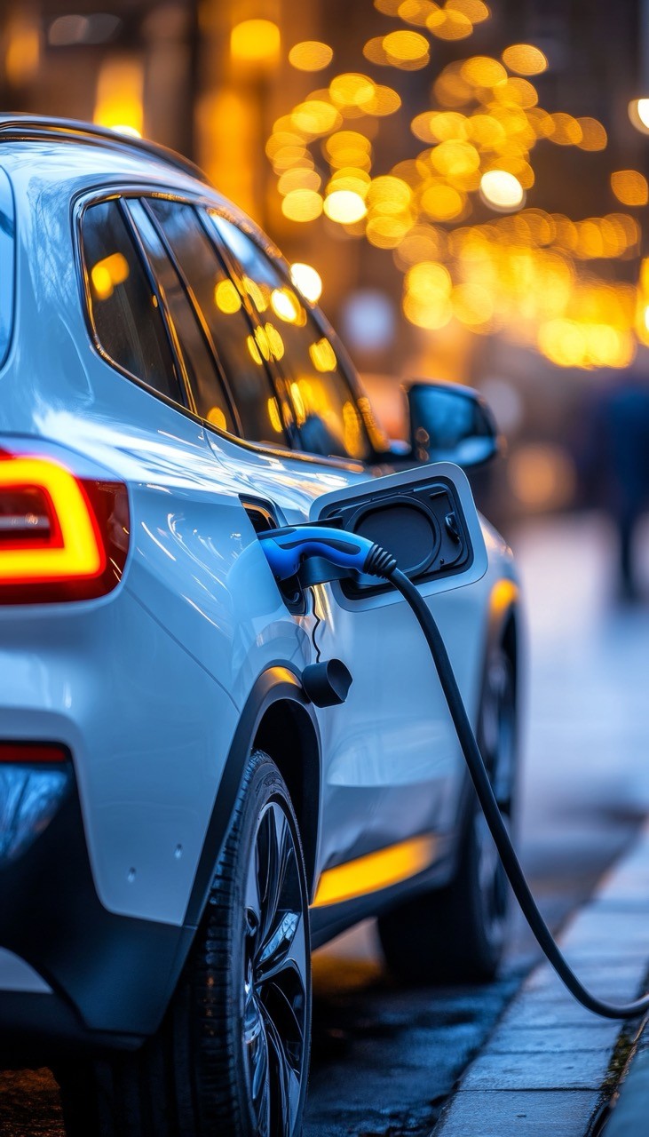 Elektroauto lädt an Ladestation. E-Auto mit Ladekabel. Mobilität der Zukunft. 