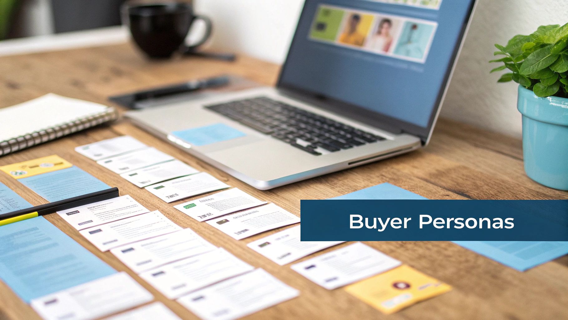 A desk with a laptop, notebook, coffee cup, and spread out cards for buyer personas.