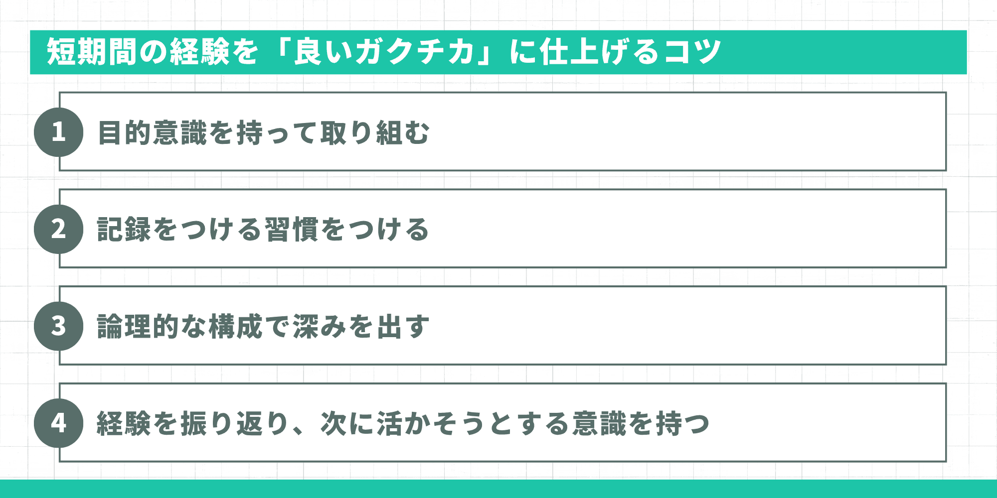 短期間の経験を「良いガクチカ」に仕上げるコツ：①目的意識を持って取り組む②記録をつける習慣をつける③論理的な構成で深みを出す④経験を振り返り次に活かそうとする意識を持つ