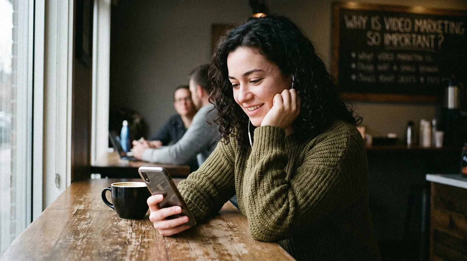 Woman smiling watching video marketing on smartphone with earphones in cafe - why video marketing is so important