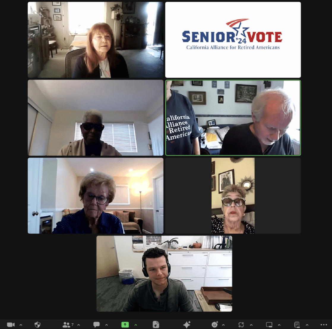Four older adults participate in a virtual meeting, appearing in individual video call windows. One person wears a “California Alliance for Retired Americans” shirt.