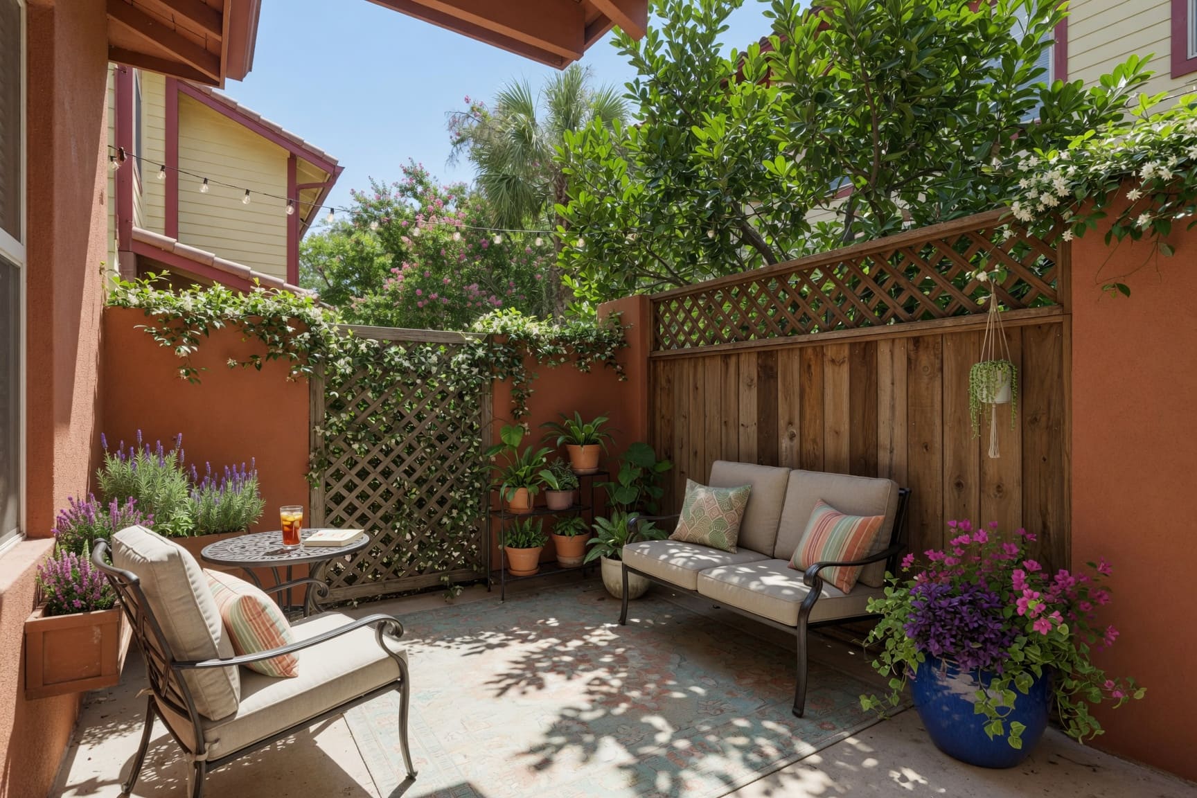 Private courtyard patio with mature plants and outdoor seating