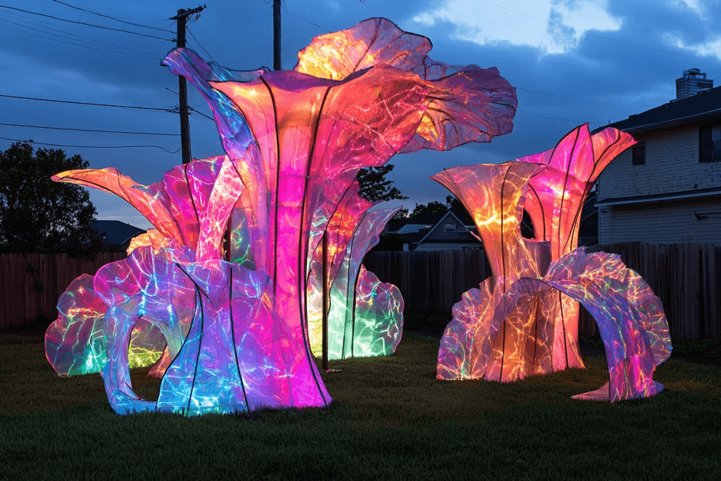 Night time pop up art installation outside in an abandoned lot 