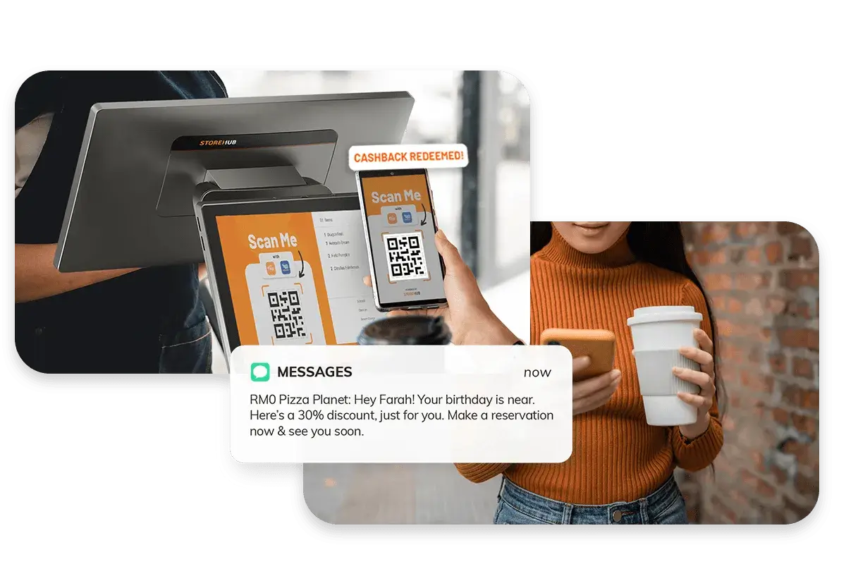 Customer scanning a StoreHub loyalty QR code at checkout while receiving a personalised cashback and promotional message.
