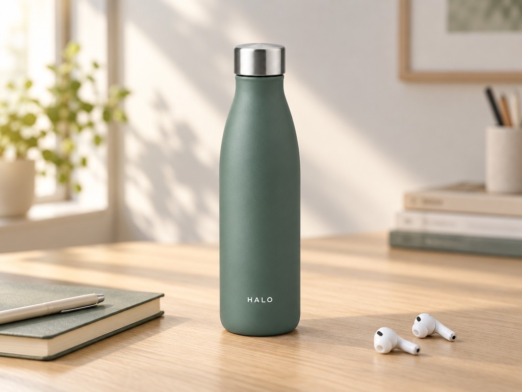 Matte steel water bottle on a light oak desk with a notebook and earbuds, generated from the short prompt in the article