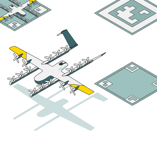 An illustration features a drone aircraft with multiple propellers, depicted flying over a simplistic, block-like landscape with QR codes.