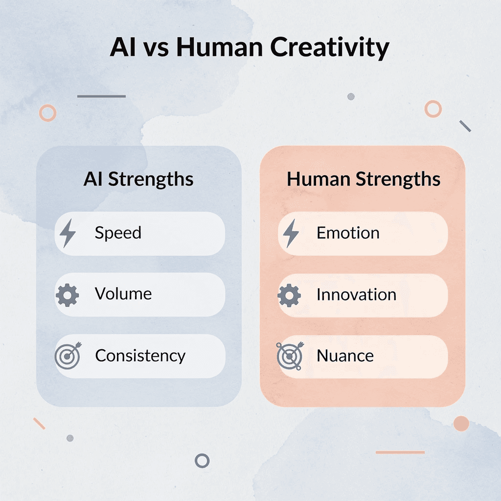 Comparison chart showing AI creativity strengths versus human creativity strengths