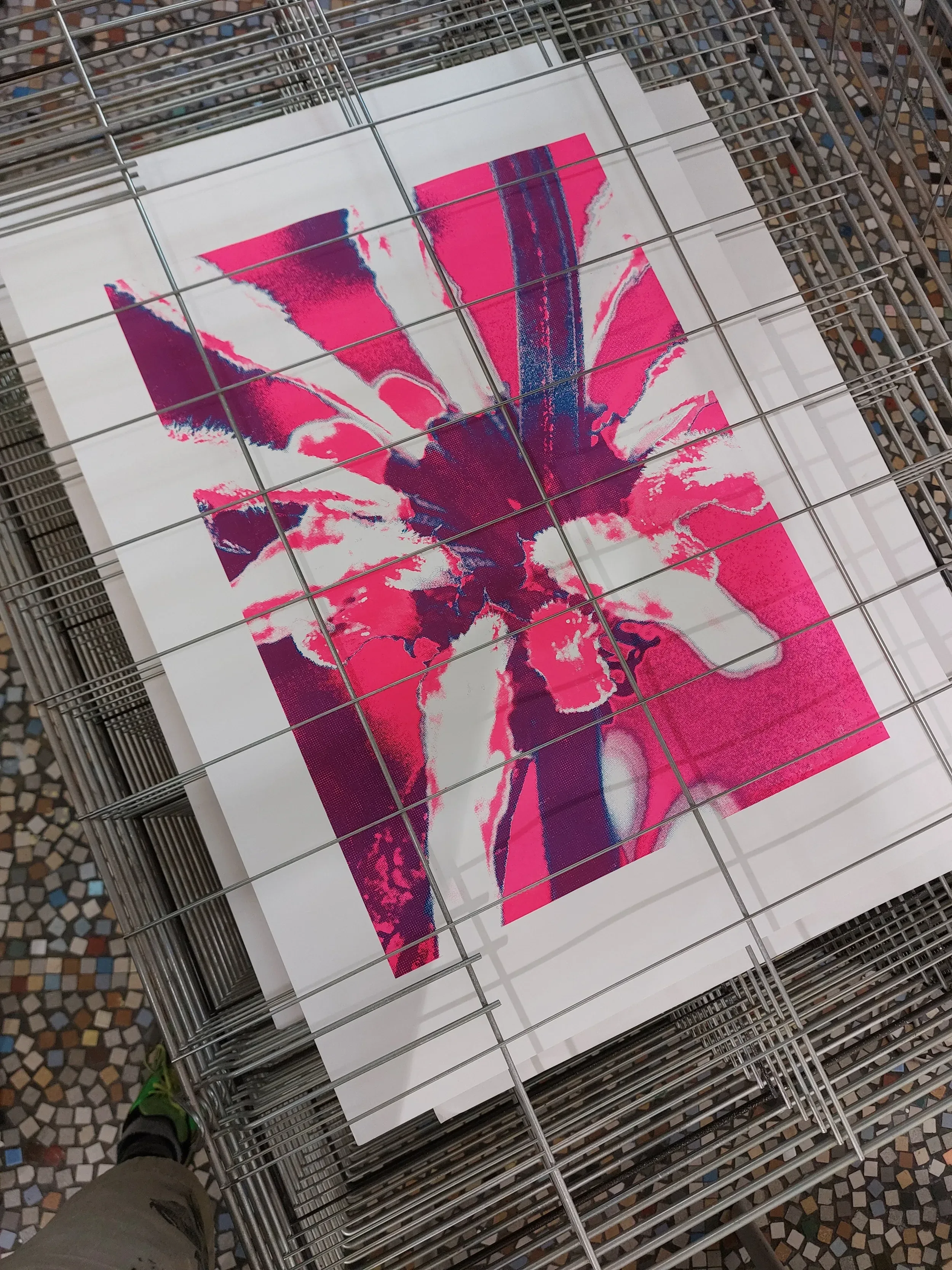 Sérigraphies en cours d'impression, n'ayant que deux des couleurs sur les trois, rendant le processus intelligible