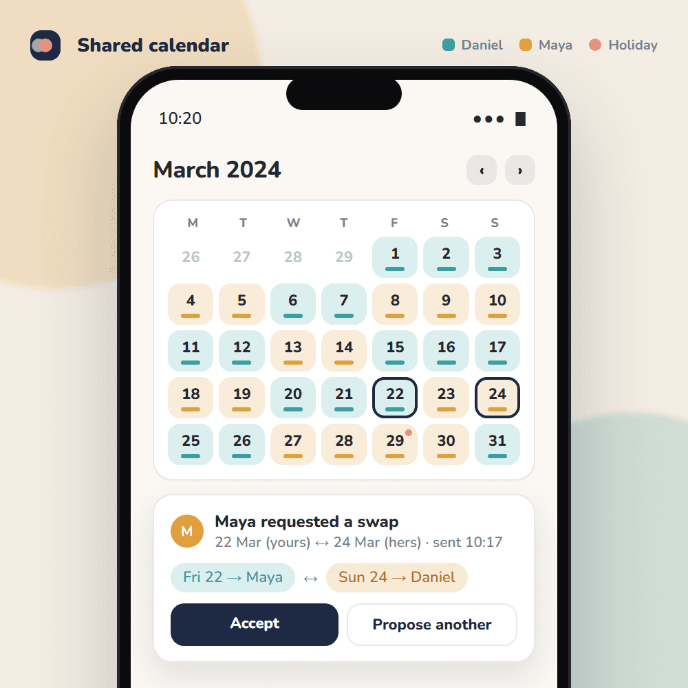 Shared custody calendar with colour-coded days and a swap request