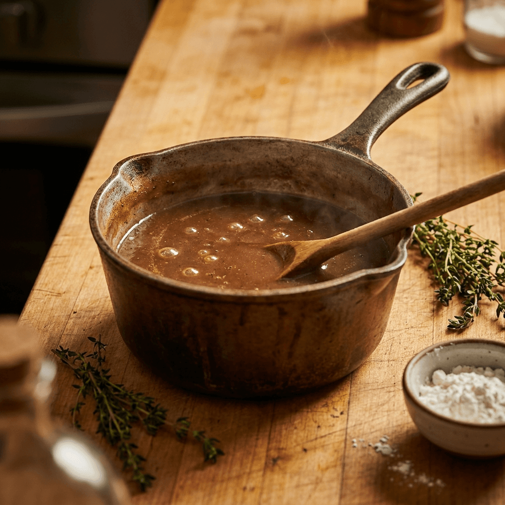 Steaming brown sauce in a pot on the stove, surrounded by fresh herbs and kitchen utensils