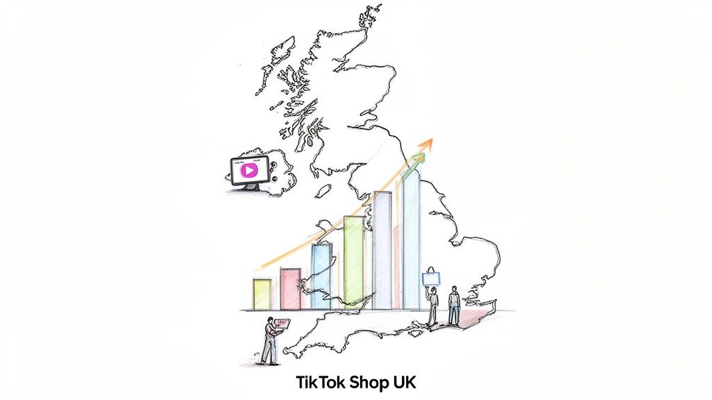 Hand-drawn illustration showing the UK map with a rising bar chart, an upward arrow, and people shopping, representing TikTok Shop UK growth.