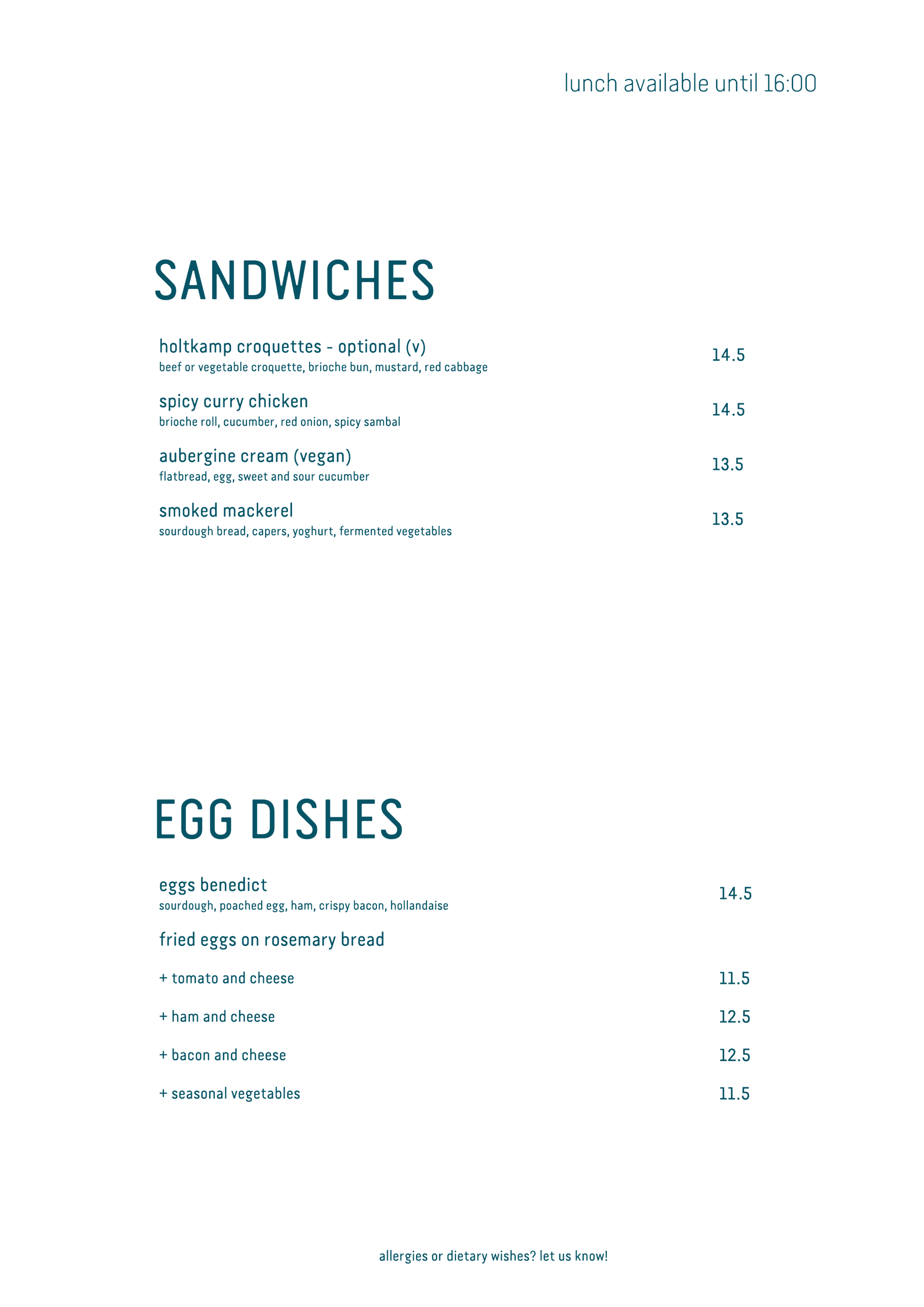 Menu page featuring sections for "Sandwiches" and "Seafood," with item names and prices listed.