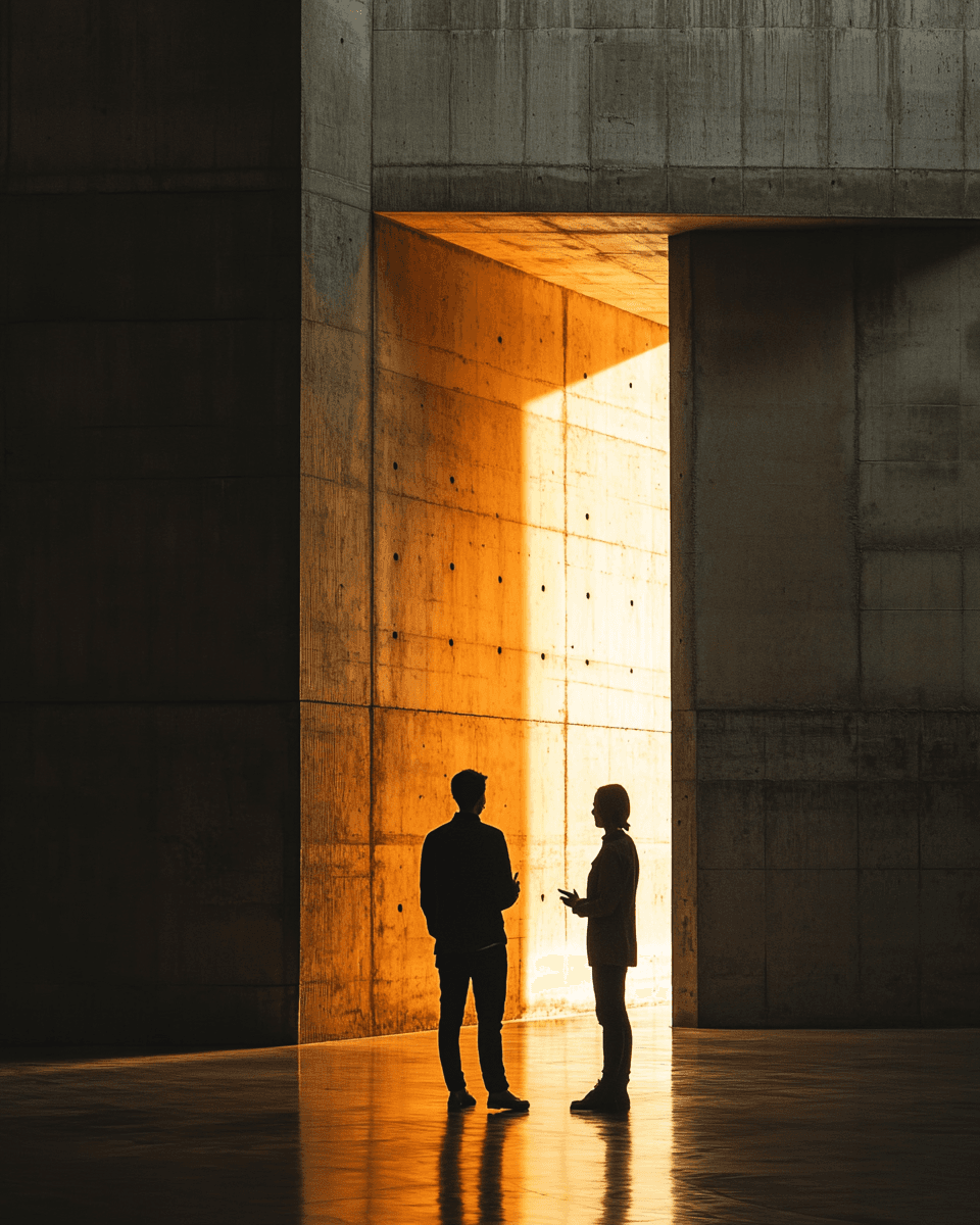 A silhouette of a person standing amidst vibrant swirling colors of teal and orange.