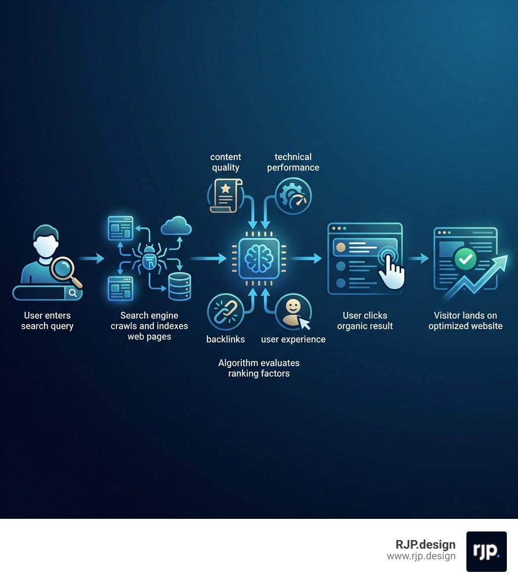 Infographic showing the SEO journey: User enters search query → Search engine crawls and indexes web pages → Algorithm evaluates ranking factors (content quality, technical performance, backlinks, user experience) → Results displayed on SERP → User clicks organic result → Visitor lands on optimized website - What is SEO infographic 