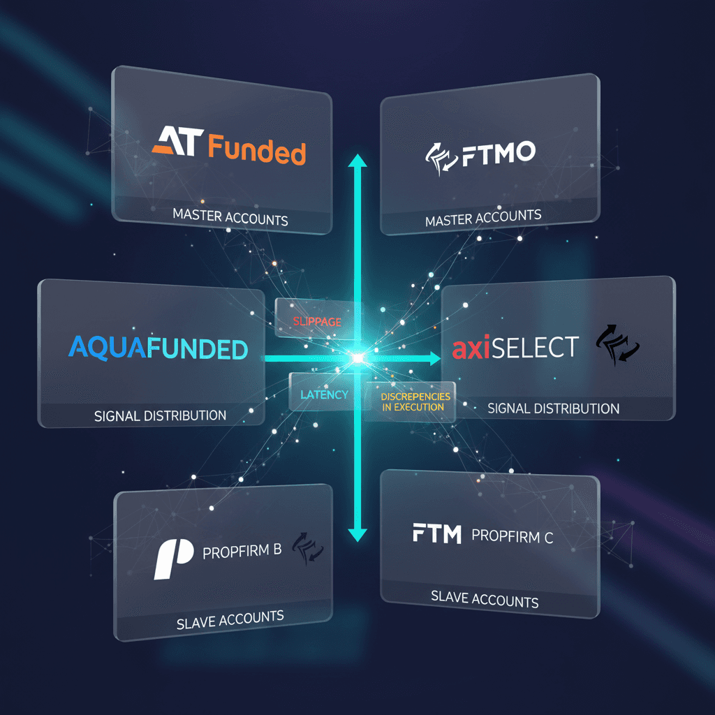 Glass-like panels showing the journey of a trade from master to slave accounts, with illuminated flow and network nodes representing slippage and latency factors.