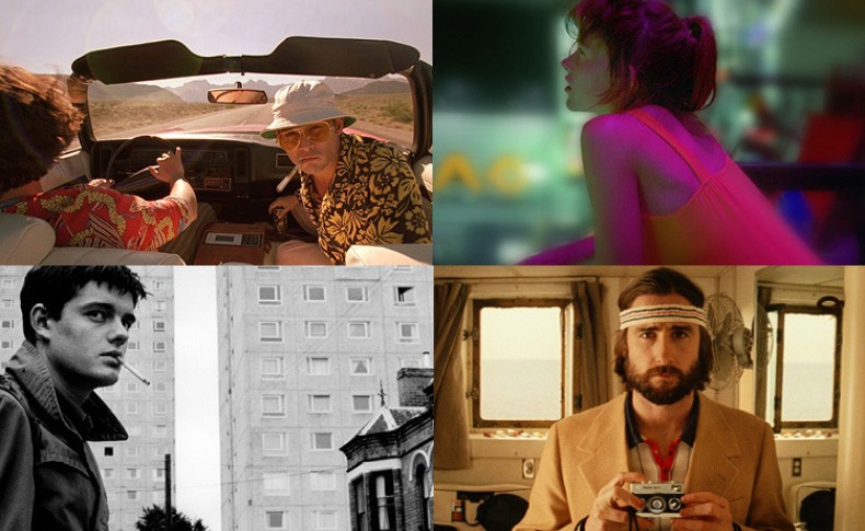 A four-panel collage shows scenes from four movies. The top left panel shows a man in a convertible car with a woman wearing a hat. The top right panel shows a woman with pink hair. The bottom left panel shows a man smoking a cigarette. The bottom right panel shows a man with a camera and a headband.
