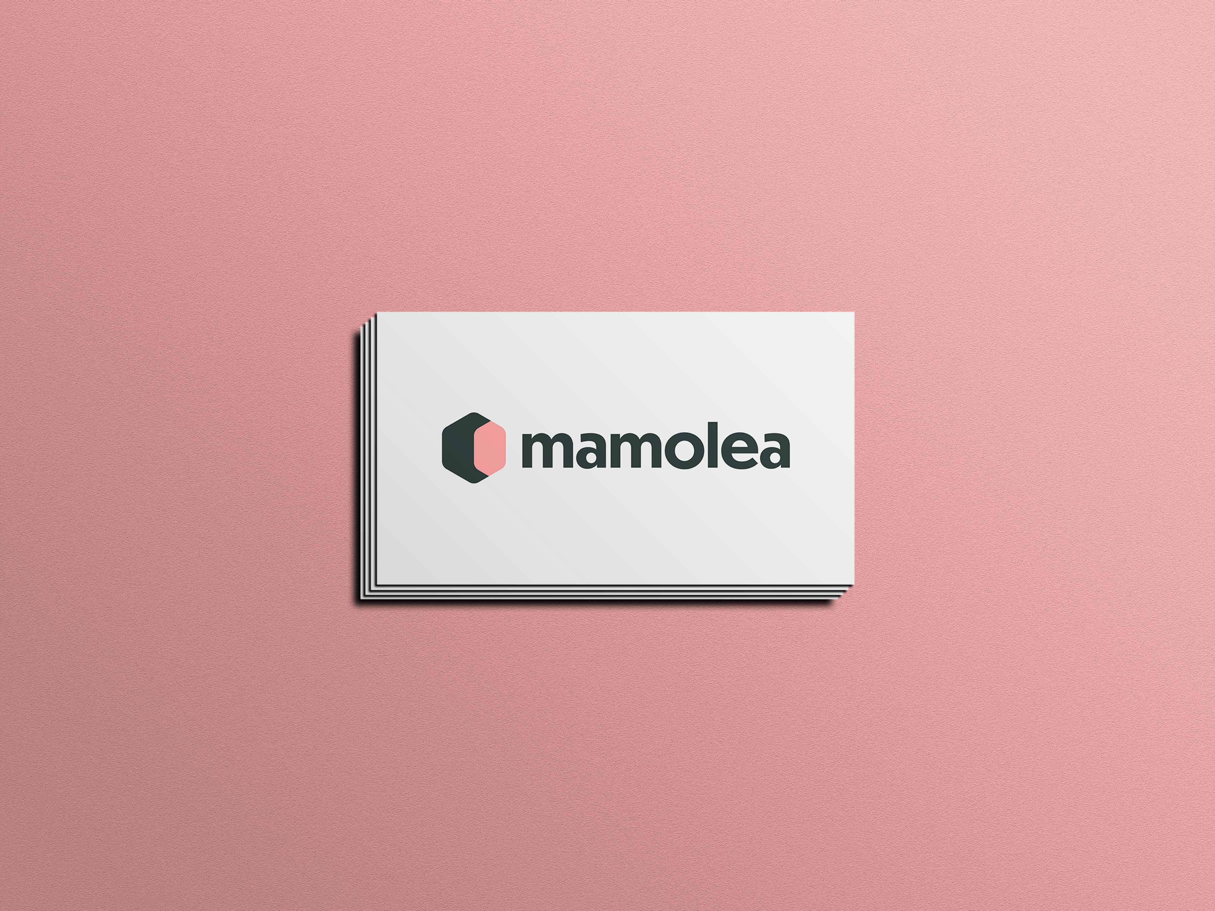 Visitenkarte mit Mamolea Logo auf rosafarbenen Hintergrund