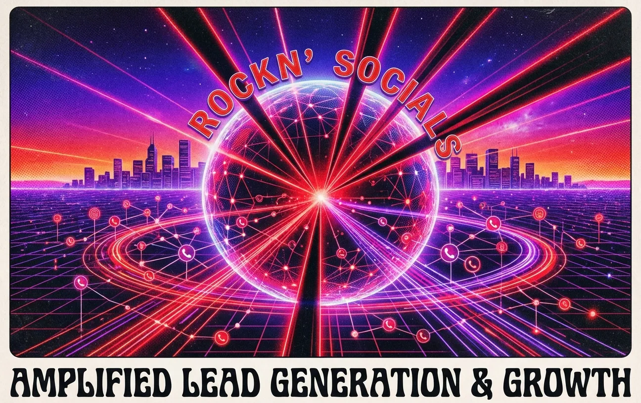 RockN' Socials digital marketing agency globe with cityscape and networks.