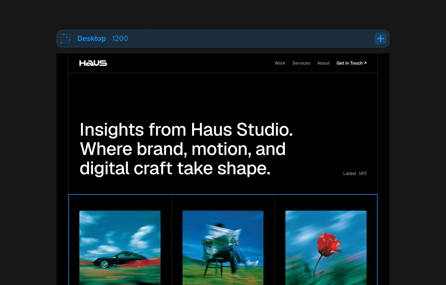 Haus Studio website design preview with dark UI and visual cards.