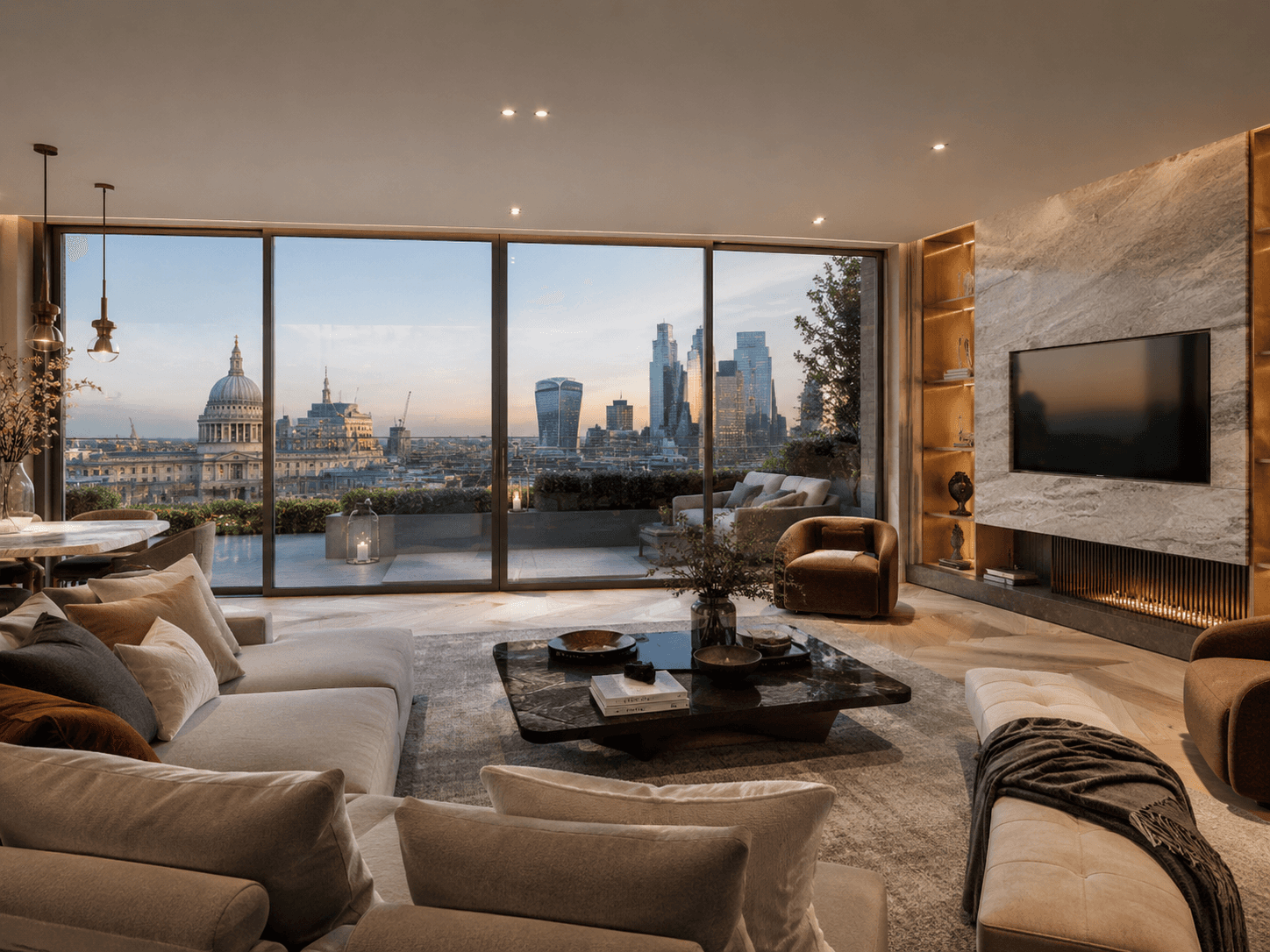 Luxury London penthouse living room with floor-to-ceiling windows, designer seating, marble fireplace, and skyline views.
