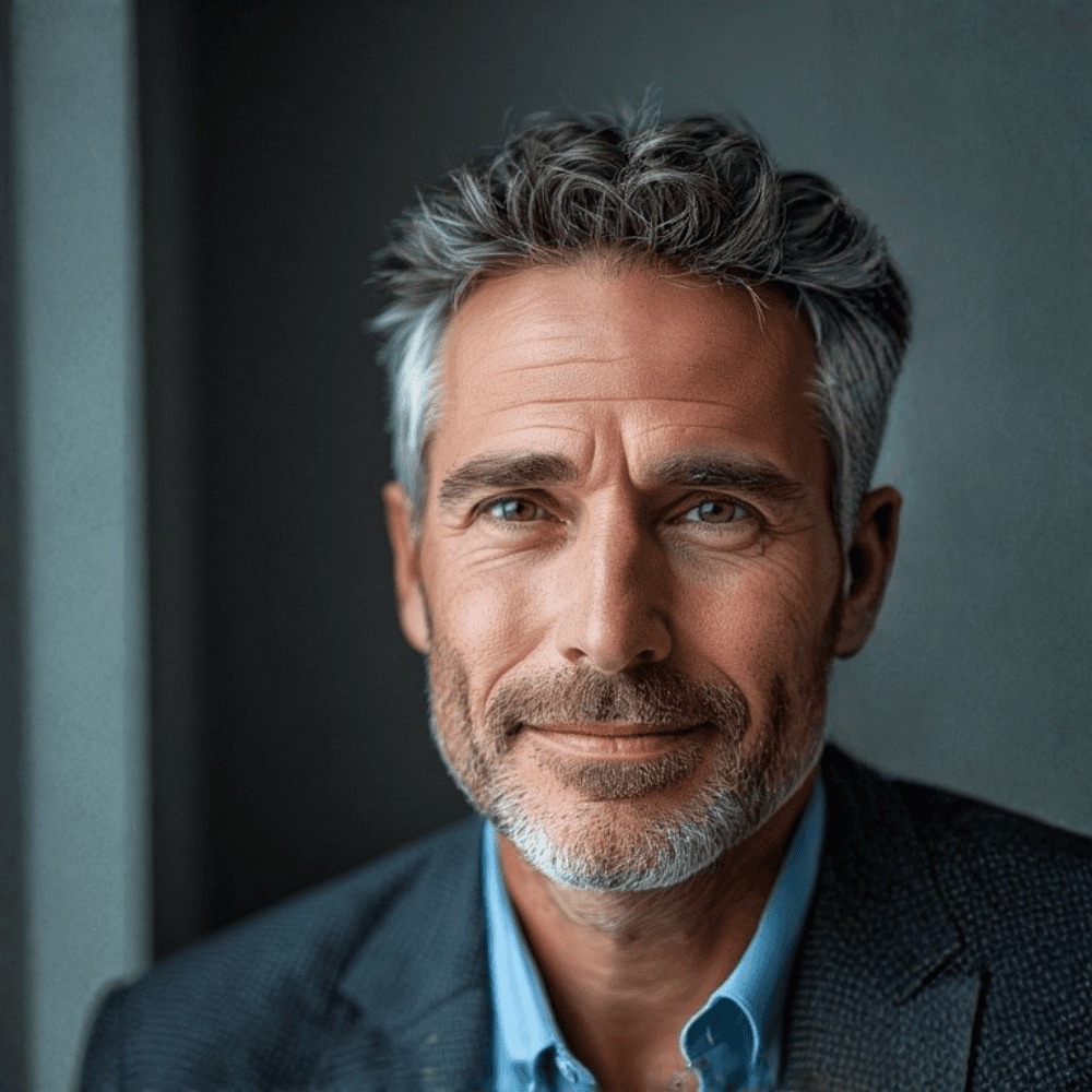 Silver-haired man with a trimmed beard smiles warmly, wearing a dark jacket and light blue shirt. The gray background gives a professional tone.