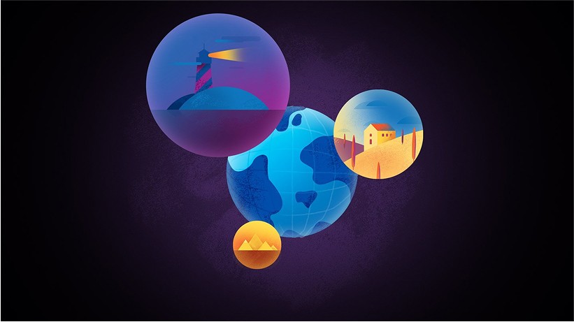 Abstract digital illustration of planets and bubbles in vibrant colors against a dark background.