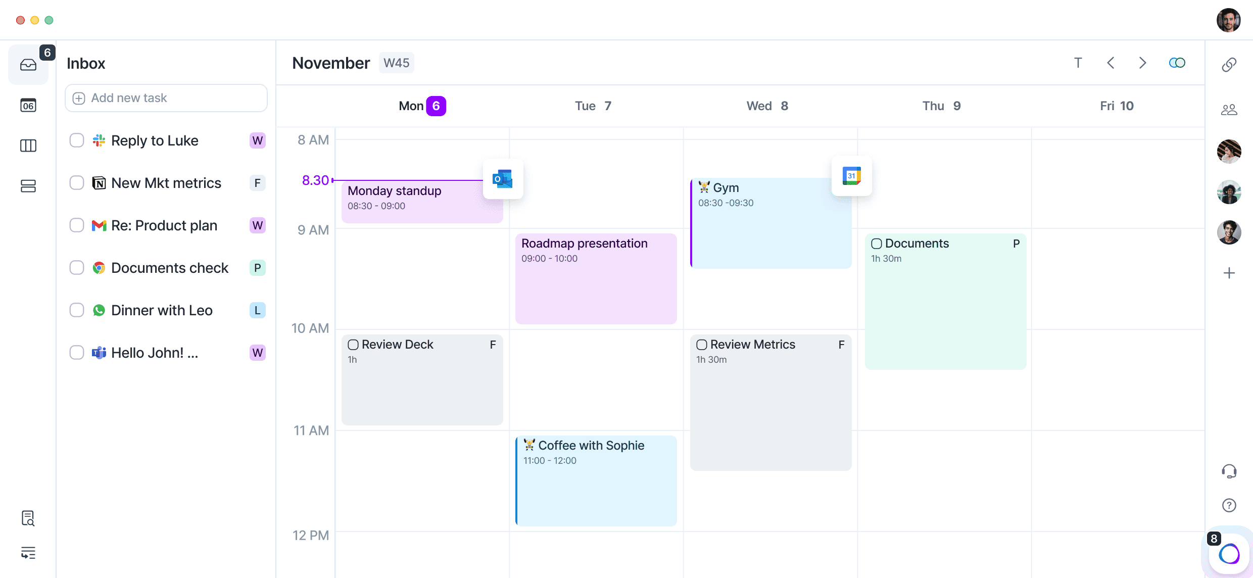 The Akiflow app integrating tasks from multiple tools into the Universal Inbox, displayed next to the One Calendar, that displays multiple calendars in one view