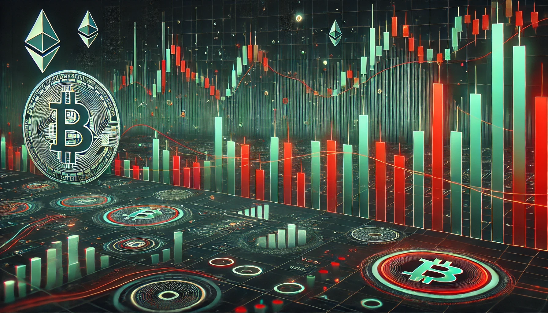 digital illustration of candlestick charts for major cryptocurrencies, featuring dominant red and green colors to highlight market fluctuations