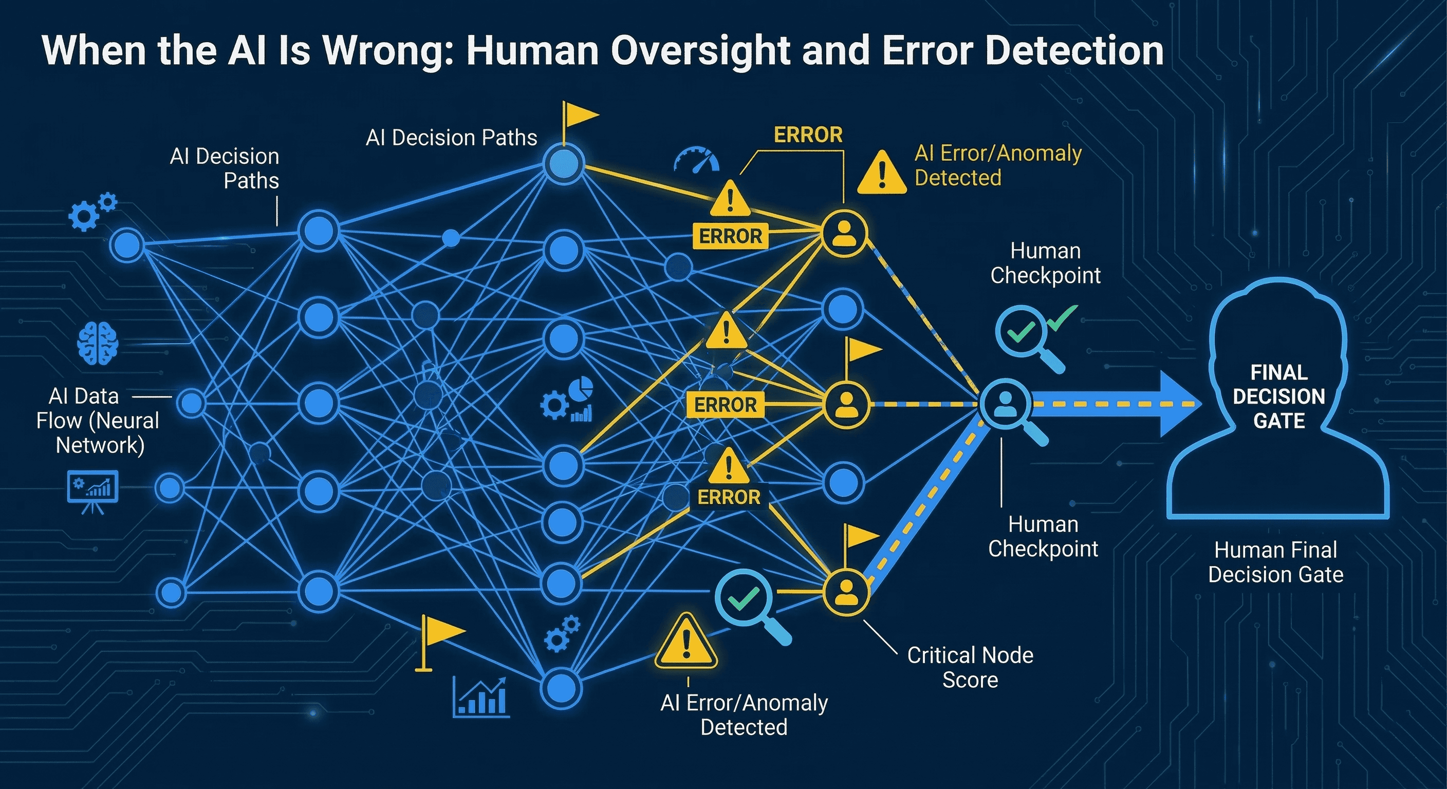 When the AI Is Wrong - human AI oversight visualization with strategic blue and Michigan maize branding