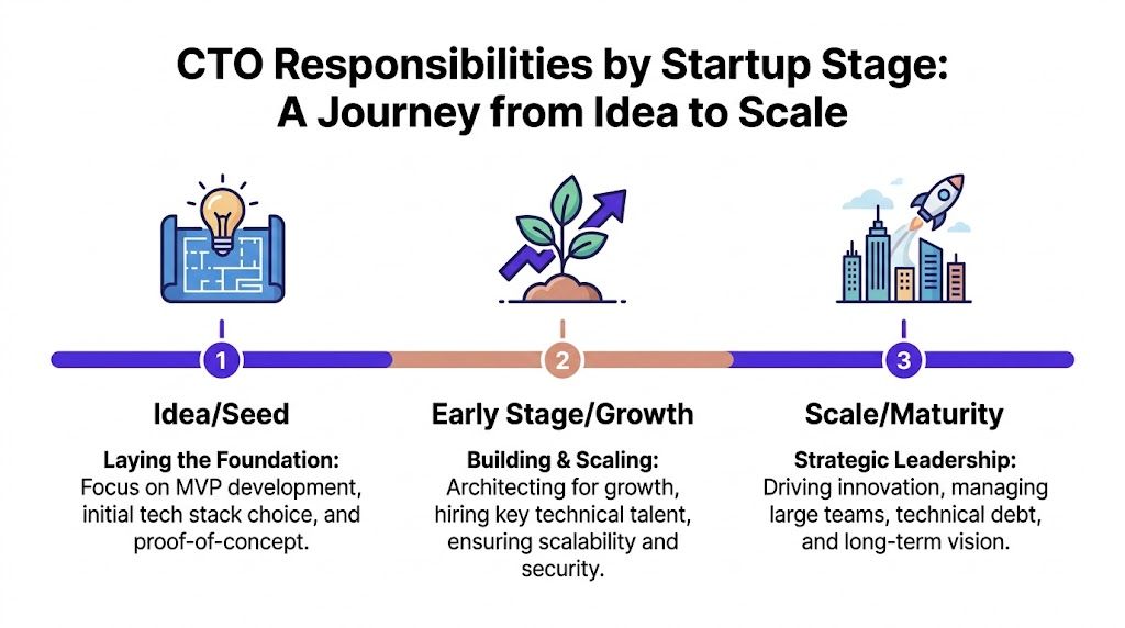 A diagram illustrating the changing responsibilities of a CTO across the seed, growth, and maturity startup stages.