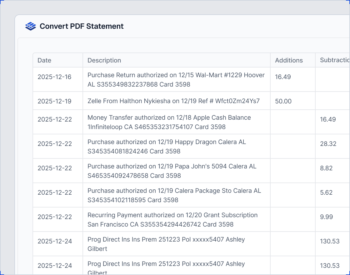 Convert PDF Statement download screen with structured CSV bank transaction data ready for import into QuickBooks, Xero, or Excel