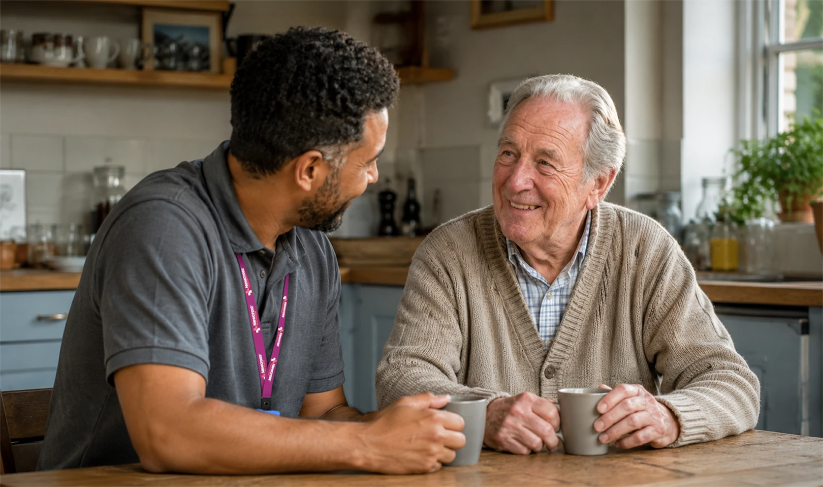 Carer talking with an elderly British man over a cup of tea in his home kitchen.