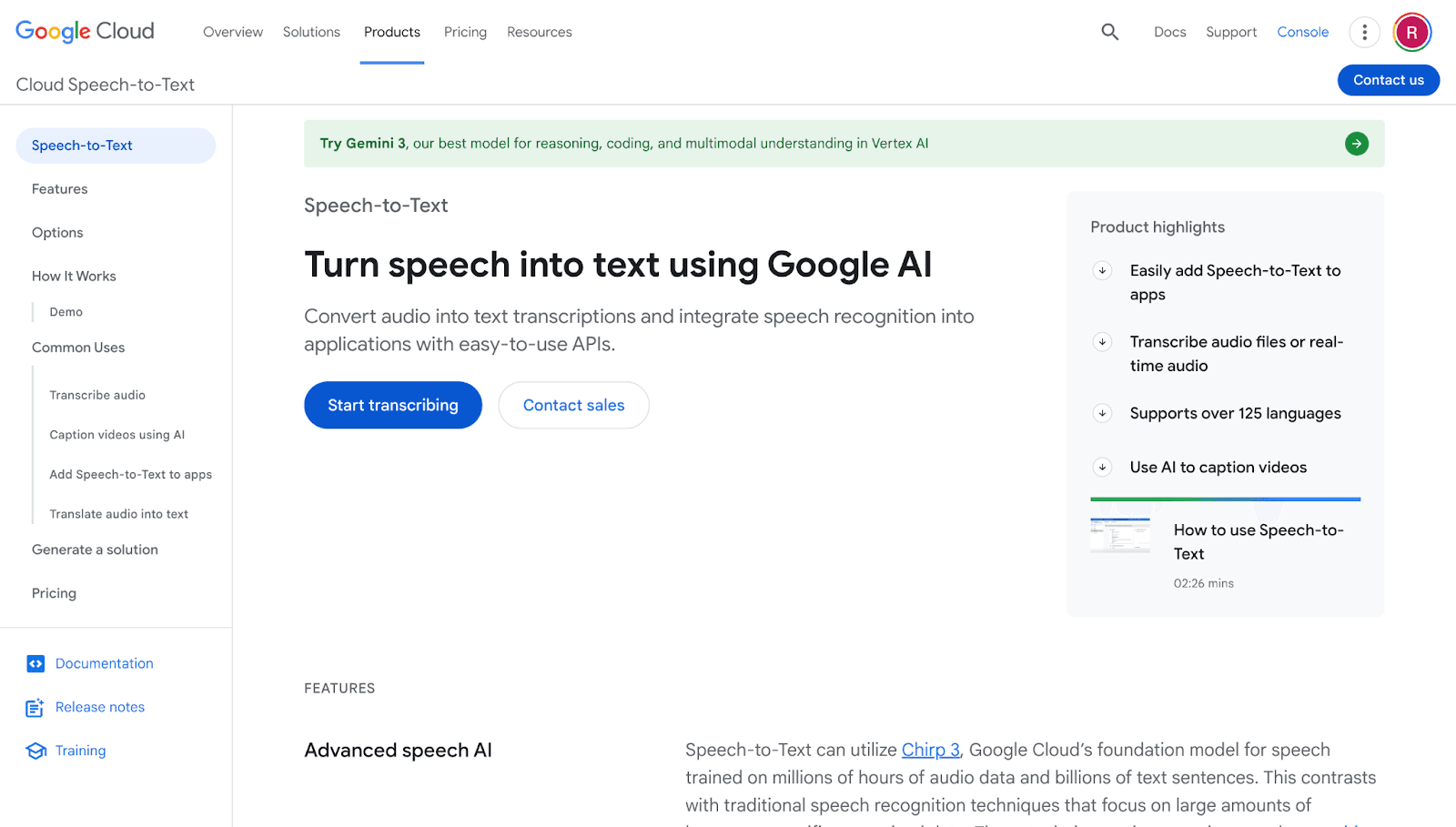 Google Cloud Speech-to-Text homepage showing enterprise speech recognition, audio transcription, and cloud-based voice AI tools.