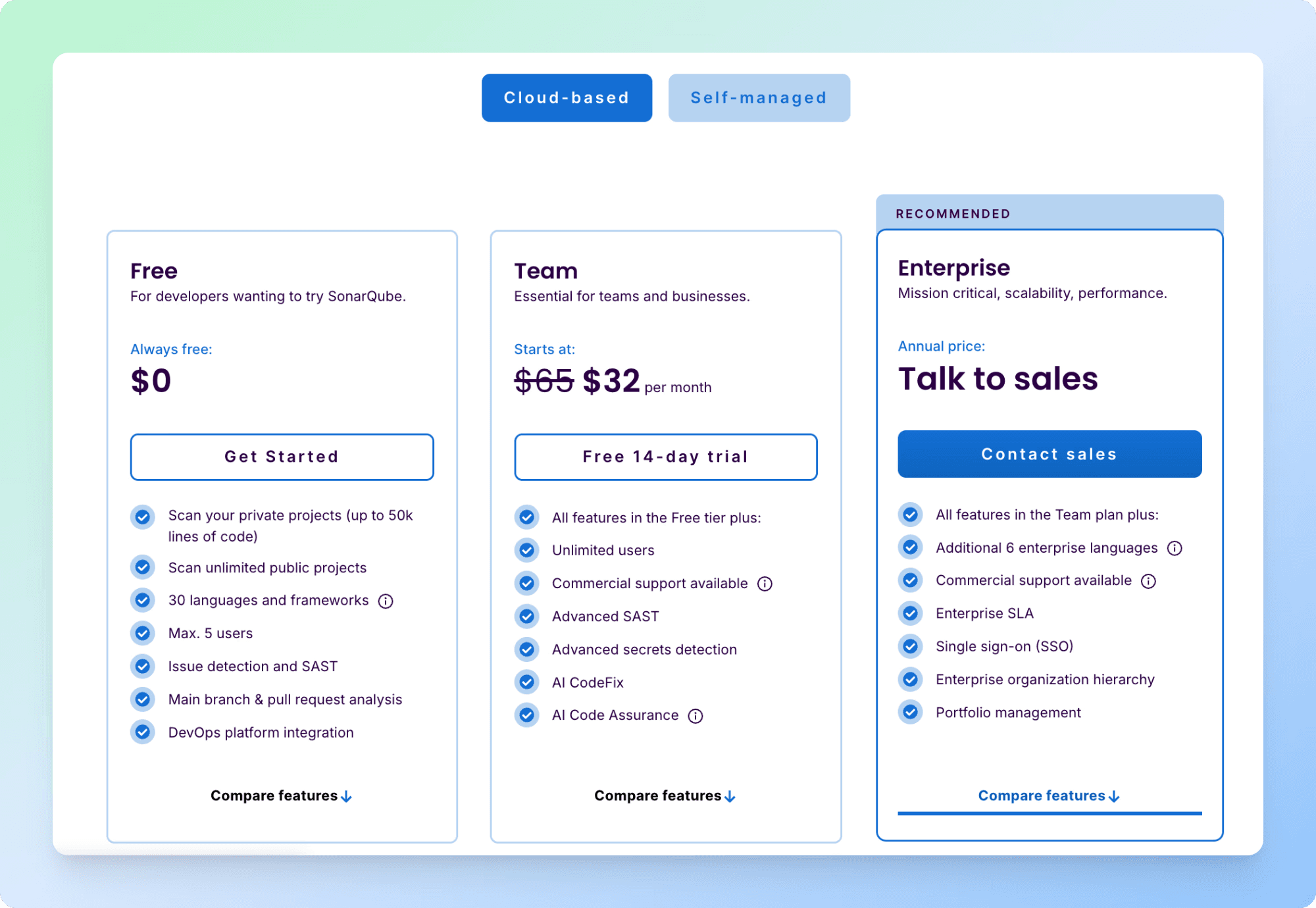 pricing page of sonarqube a test and code coverage code review platform