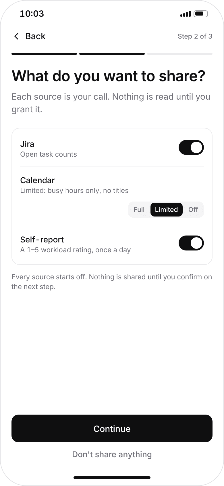 Phone — one control per source: Jira, Calendar (full, limited, off) and self-report