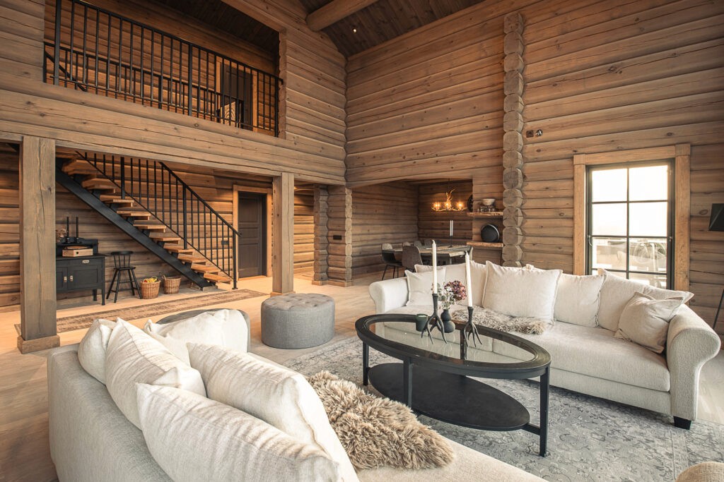 Modern log house exterior with sleek straight arches, and a minimalist design blending tradition with contemporary style.