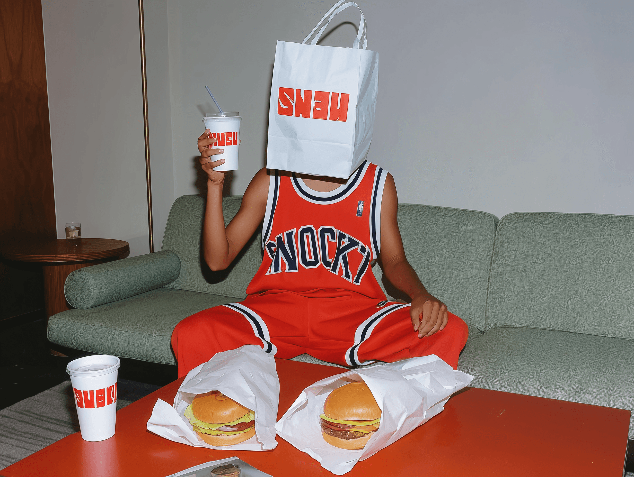 a person wearing a red basketball jersey with a bag on his head