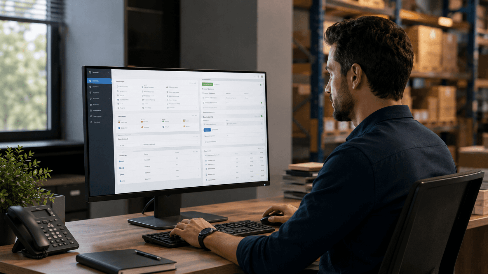 Renderização 3D realista em formato 16:9 mostrando um profissional em um escritório moderno utilizando um sistema de gestão em um monitor amplo. Na tela há uma interface organizada com dados estruturados e painéis de controle. Sobre a mesa estão teclado, mouse, telefone e materiais de trabalho. Ao fundo, desfocado, aparece uma área de estoque com prateleiras e caixas, sugerindo integração entre operação comercial e logística. A cena transmite organização, centralização de informações e eficiência operacional.