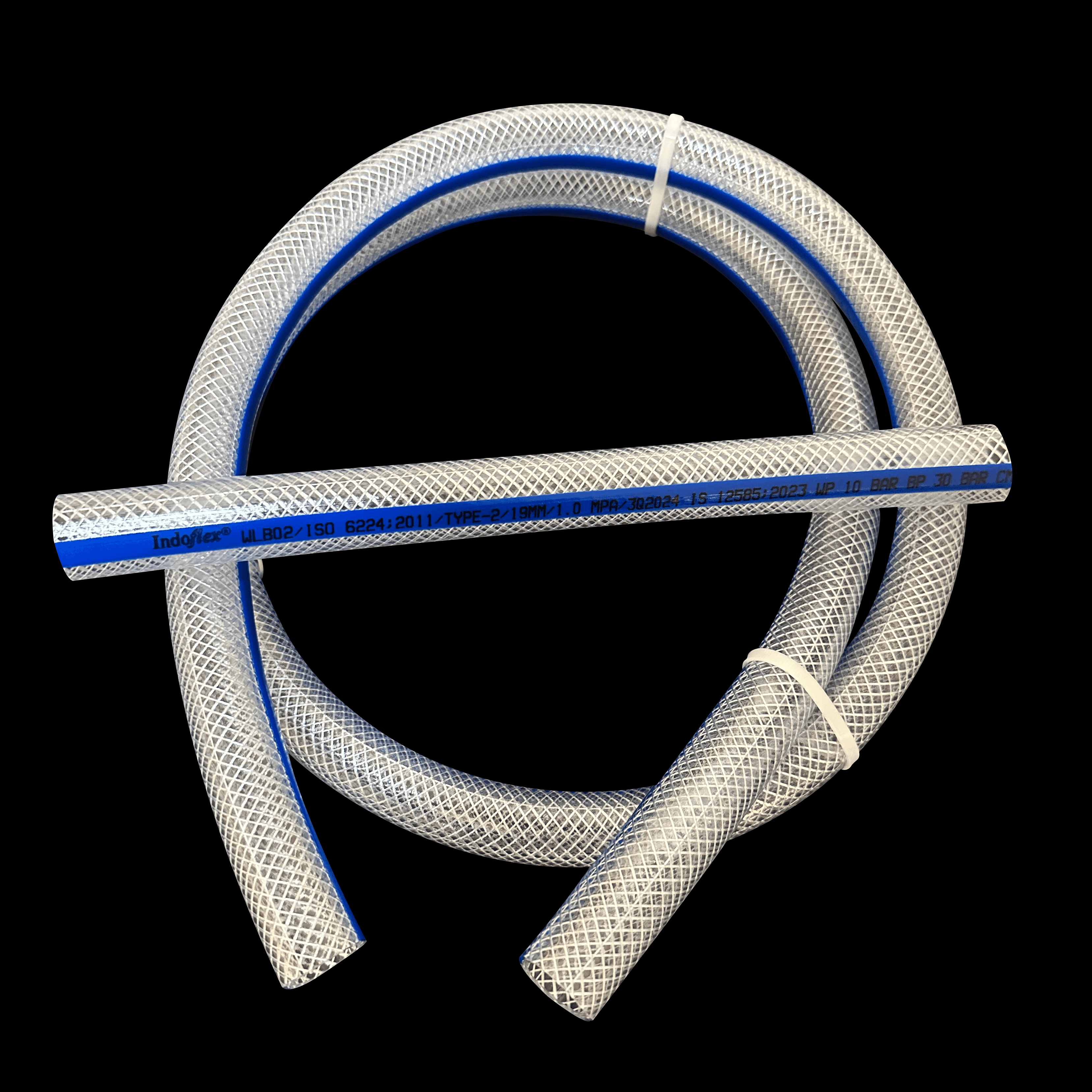 Thunbnail of Roll of PVC Braided hose with blue stripe, placed on black background