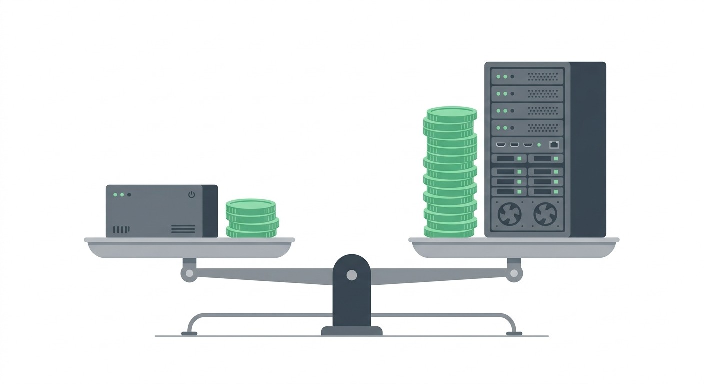 Illustration comparing the cost of a self-hosted Supabase server against a managed Supabase Cloud compute instance on a balance scale
